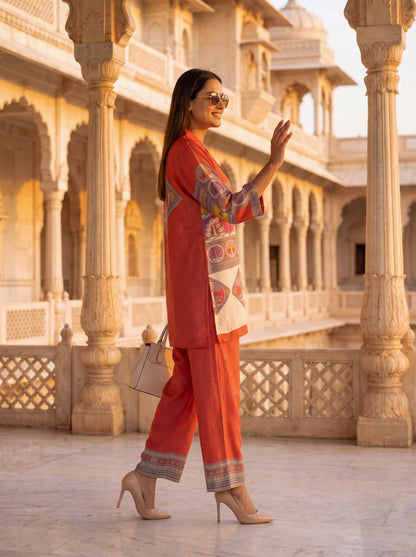 Rust Crepe Short Kurti With Plazo 2 Pcs Set