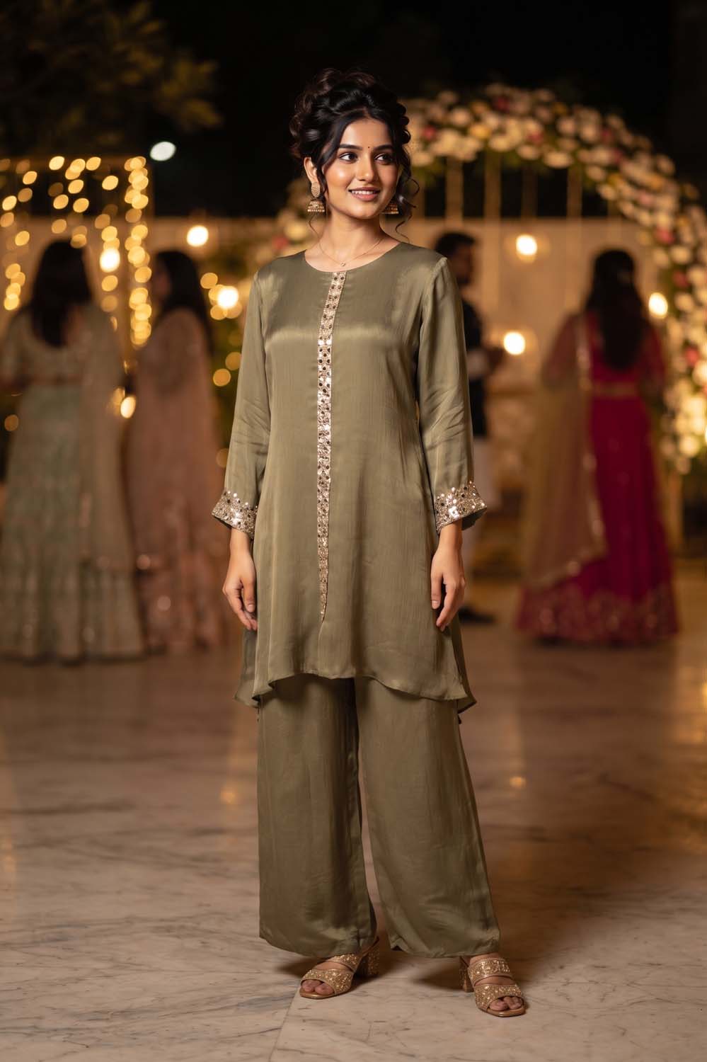 Green Chinon Straight Cut Kurti With Plazo 2 Pcs Set