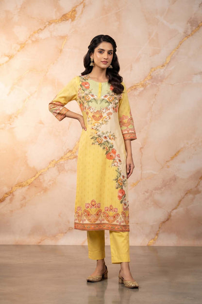 Lemon Straight Cut Kurti With Pant With Dupatta 3 Pcs Set