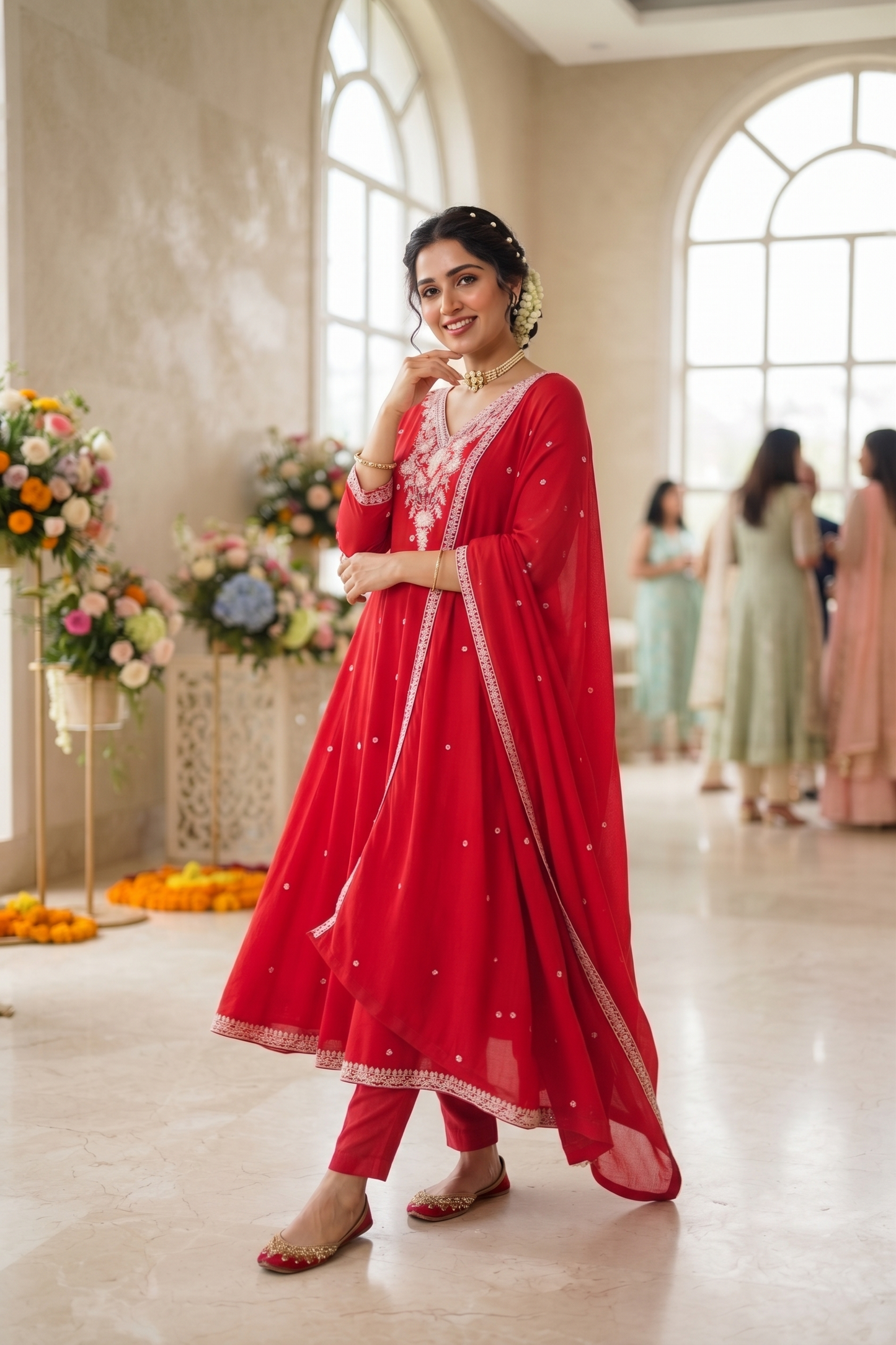 Pink Chinoon Frock Style Kurti With Pant and Dupatta 3 Pcs Set