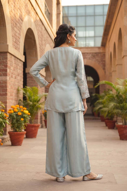 Sky Blue Chinon Short Kurti With Plazo 2 Pcs Set