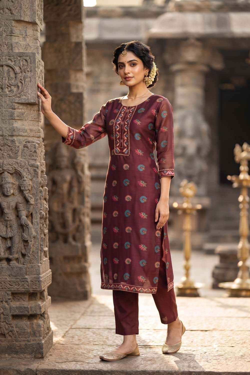 Maroon Silk 3 Pcs Set Kurti Pant Dupatta