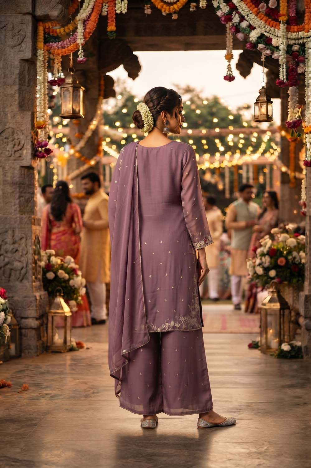 Lavender Pure Chinon 3 Pcs Set Kurti Straight Plazo Dupatta