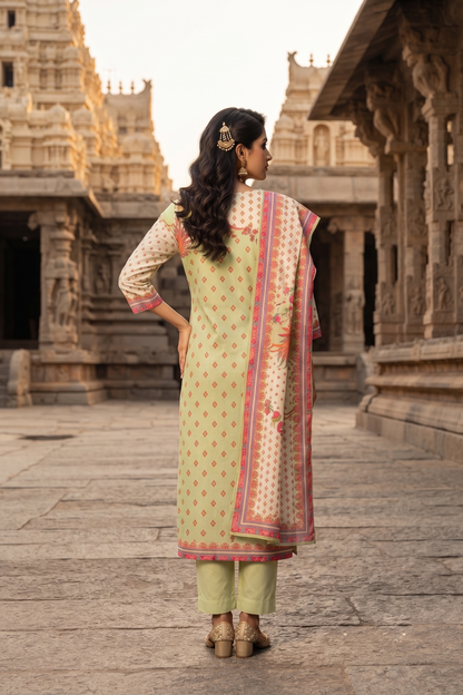 P Green Straight Cut Kurti With Pant With Dupatta 3 Pcs Set