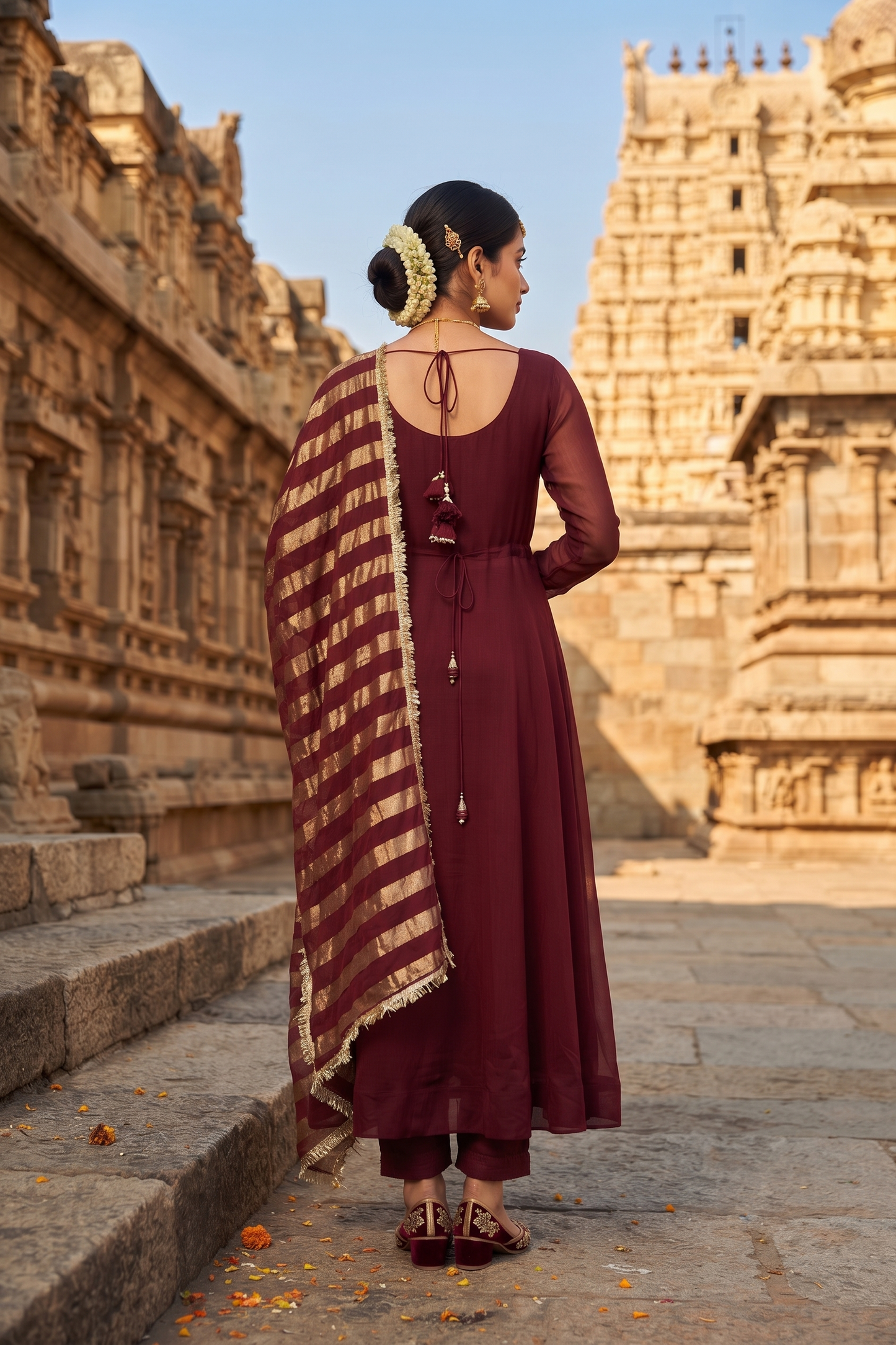 Maroon Chinoon Frock Style Kurti With Pant and Dupatta 3 Pcs Set