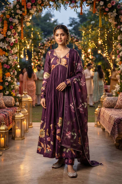 Purple Pure Chinon 3 Pcs Set ( Aliya Cut ) Kurti Long Frock Straight Pant Dupatta