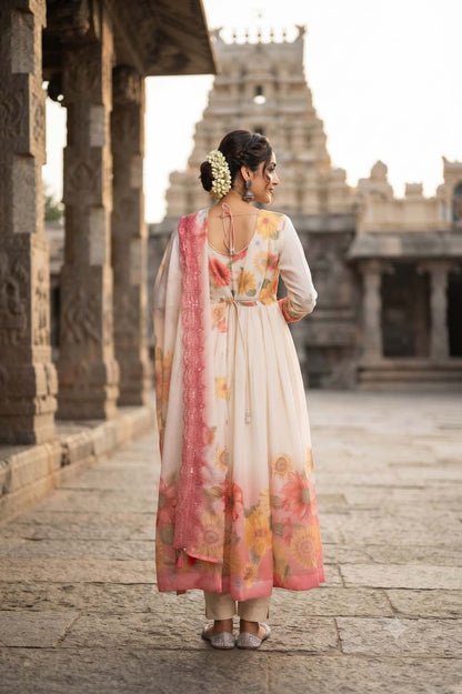 L Peach Synthetic 3 Pcs Set Kurti Long Frock Straight Pant Dupatta