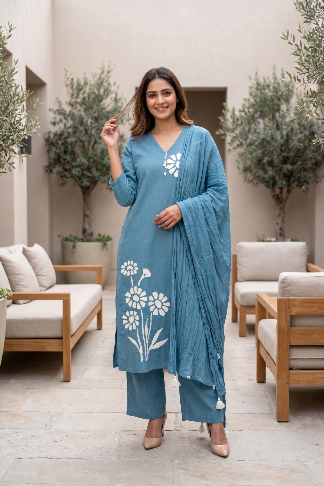 Light Blue Cotton Straight Kurti With Plazo and Dupatta 3 Pcs Set