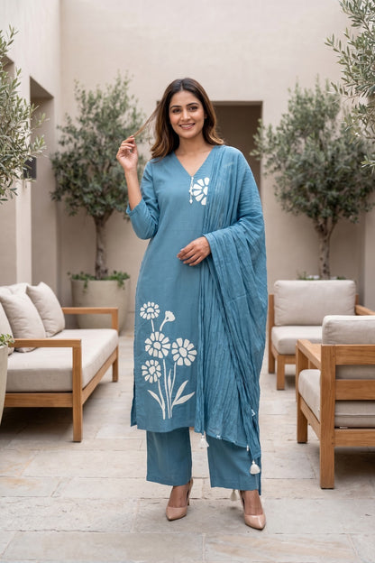 Light Blue Cotton Straight Kurti With Plazo and Dupatta 3 Pcs Set