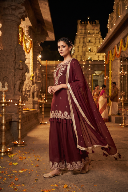 Brown Chinoon Short Kurti With Divider Plazo and Dupatta 3 Pcs Set