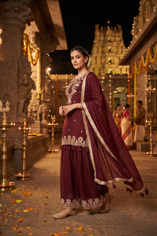 Brown Chinoon Short Kurti With Divider Plazo and Dupatta 3 Pcs Set