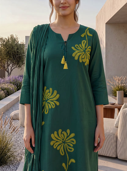 Green Cotton Straight Kurti With Pant and Dupatta 3 Pcs Set