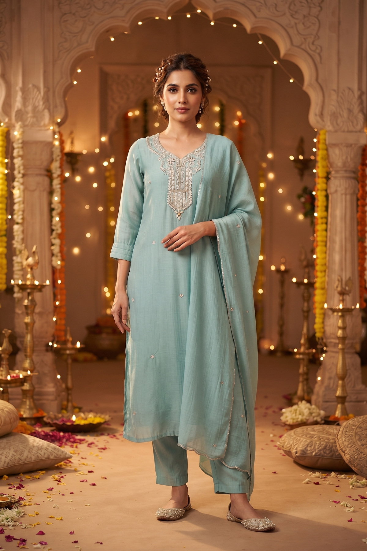 Sky Silk Straight Kurti With Pant and Dupatta 3 Pcs Set