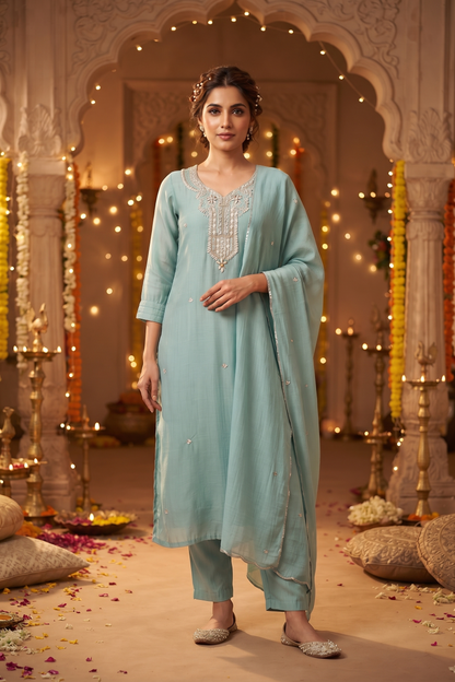 Sky Silk Straight Kurti With Pant and Dupatta 3 Pcs Set
