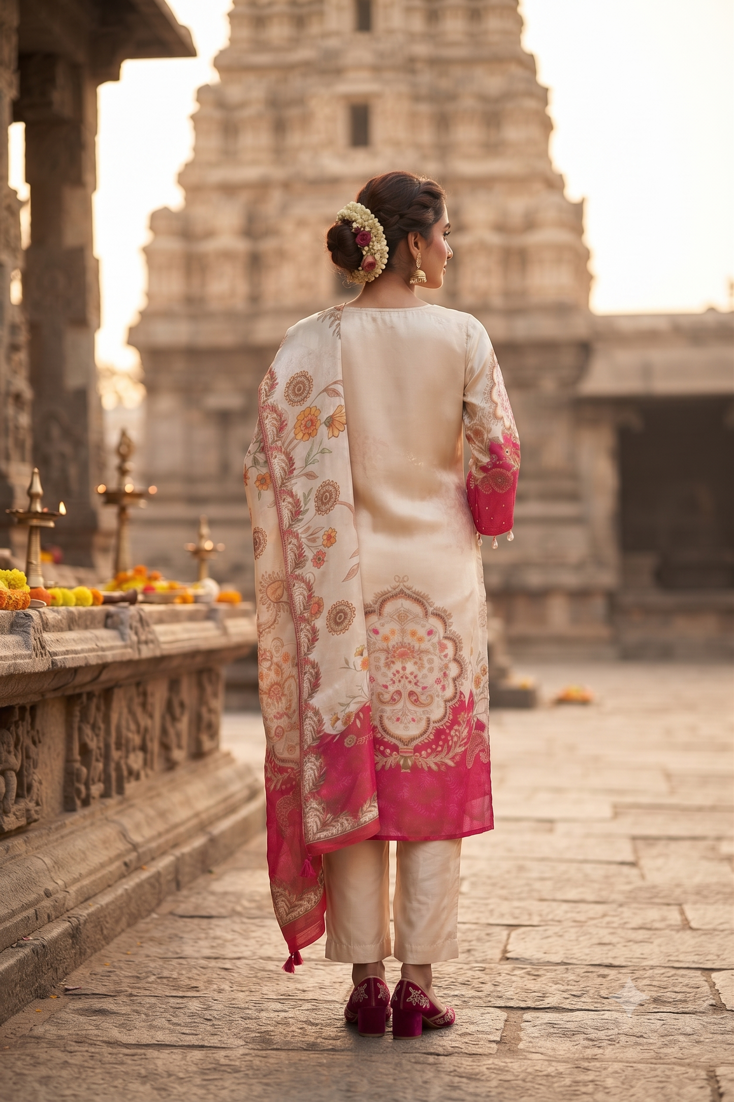 Cream Crepe Straight Kurti With Plazo and Dupatta 3 Pcs Set