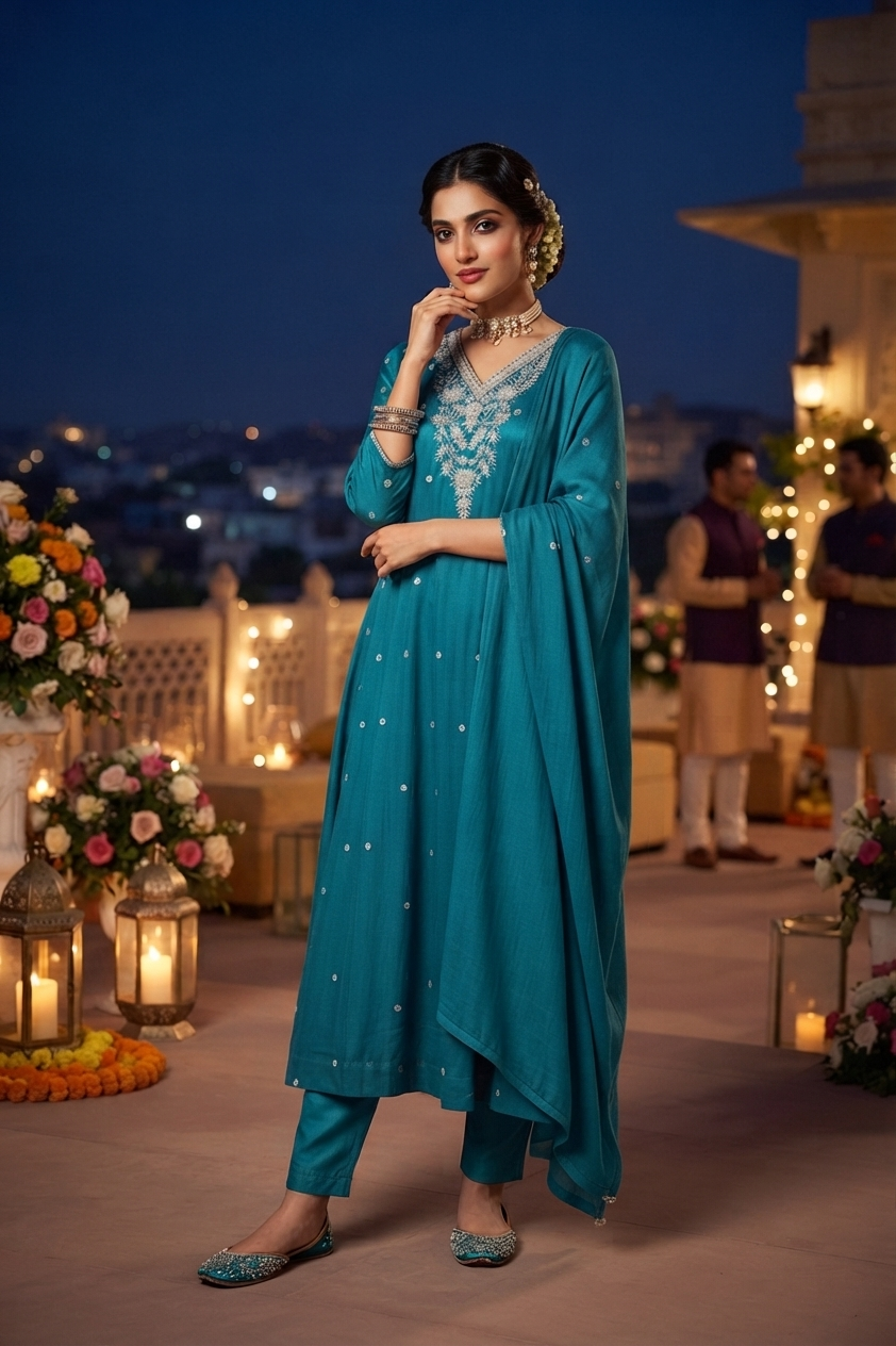 Rama Chinoon Frock Style Kurti With Pant and Dupatta 3 Pcs Set