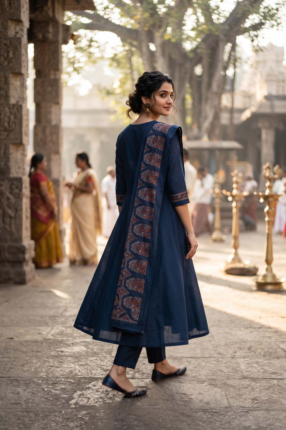 Navy Blue Cotton Angrakha Style Kurti Frock Straight Pant Dupatta