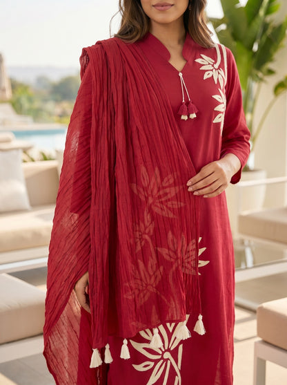 Maroon Cotton Straight Kurti With Plazo and Dupatta 3 Pcs Set