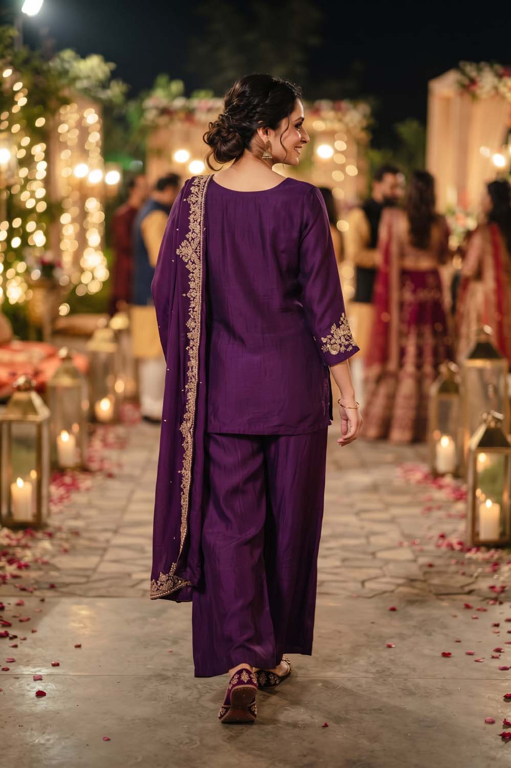 Violet Pure Chinon 3 Pcs Set Short Kurti Full Big Plazo Dupatta
