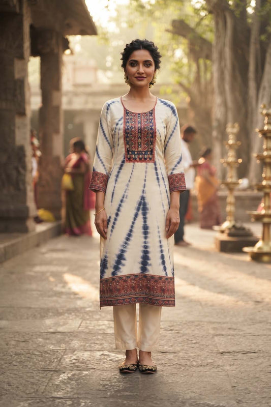 Navy Crepe 3 Pcs Set Kurti Straight Pant Dupatta