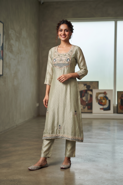 Green Tissue Straight Kurti With Pant and Dupatta 3 Pcs Set