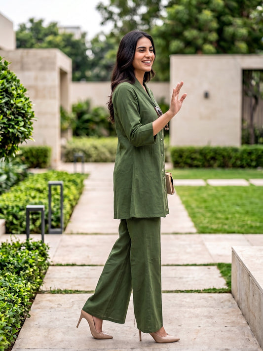 Green Cotton Short Kurti With Plazo 2 Pcs Set