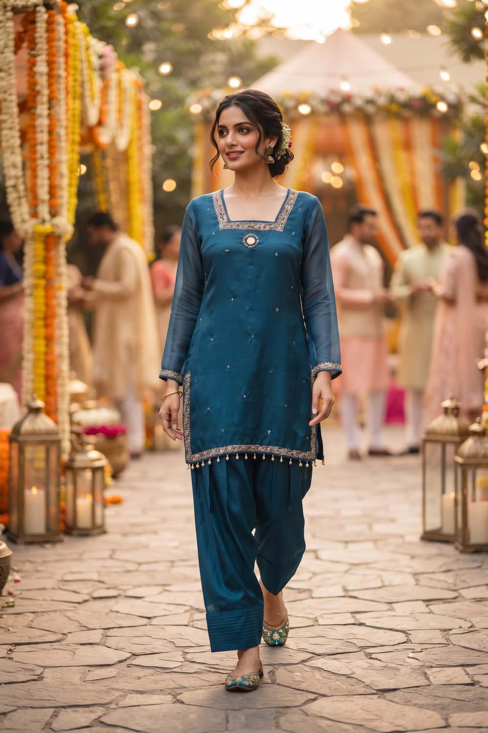 Peacock Blue Pure Chinon 3 Pcs Set Kurti Farshi Salwar Dupatta