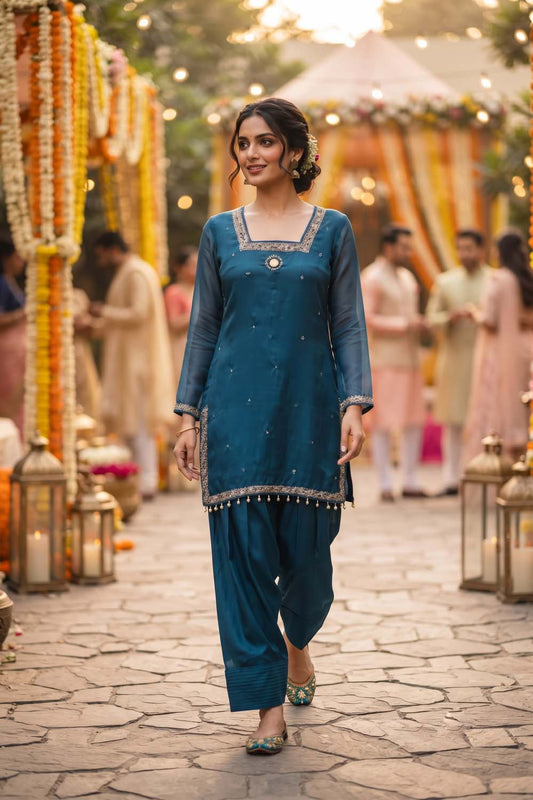 Peacock Blue Pure Chinon 3 Pcs Set Kurti Farshi Salwar Dupatta