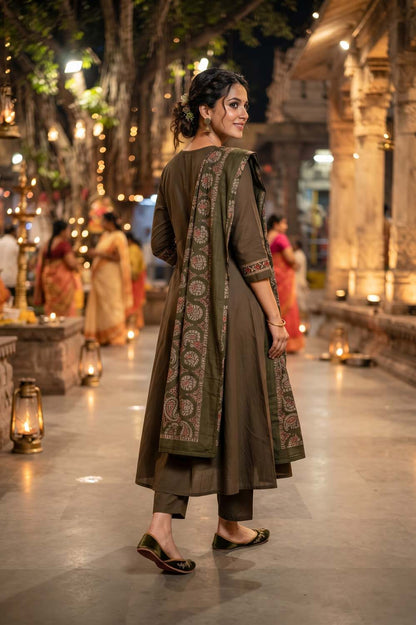 Mehandi Cotton Angrakha Style Kurti Frock Straight Pant Dupatta