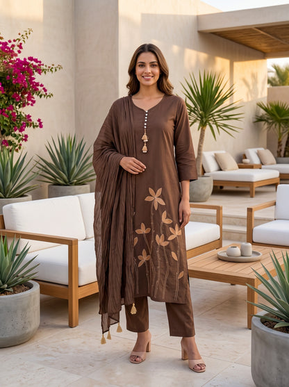 Brown Cotton Straight Kurti With Plazo and Dupatta 3 Pcs Set