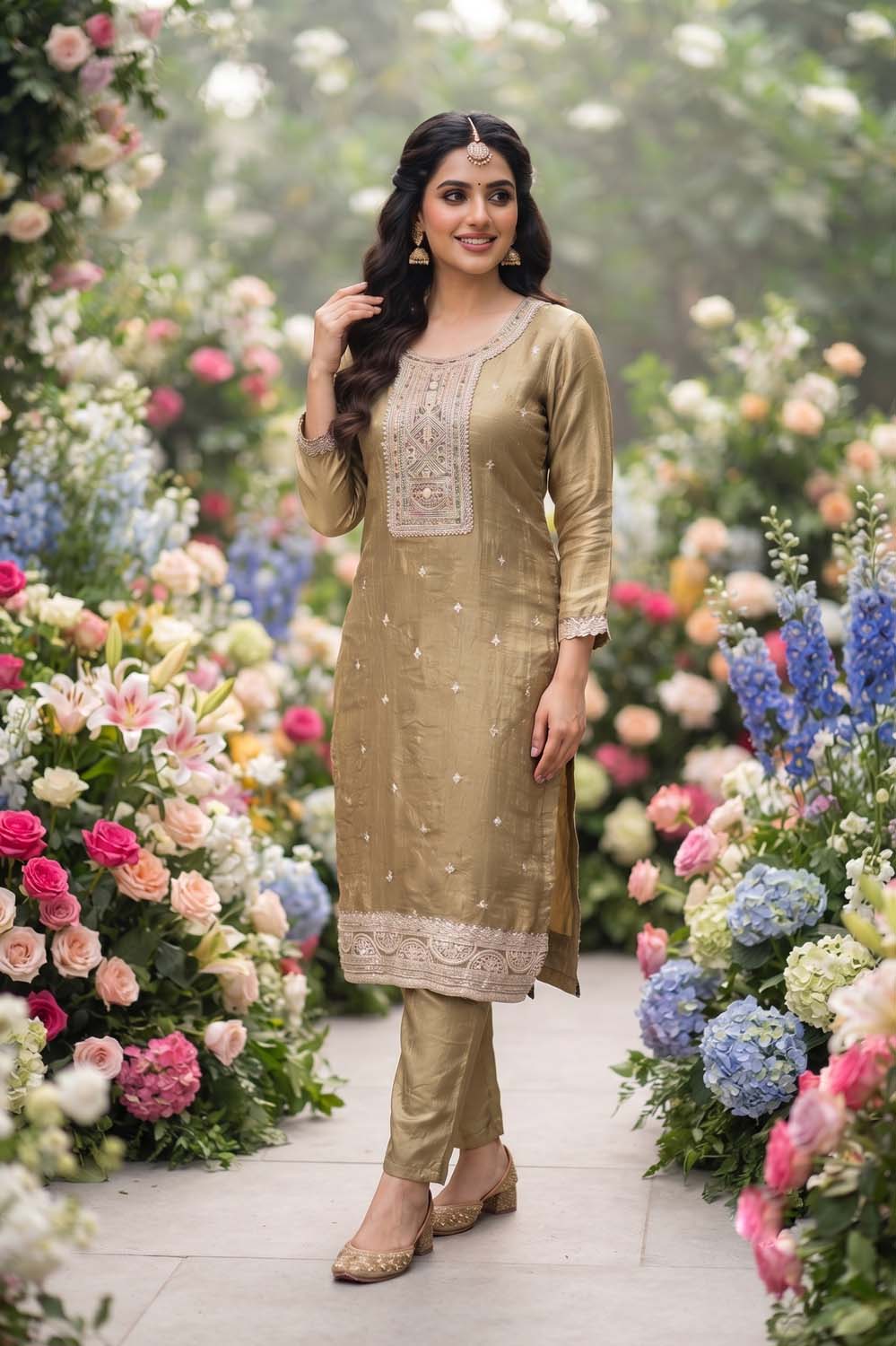 L Brown Straight Cut Kurti With Pant With Dupatta 3 Pcs Set