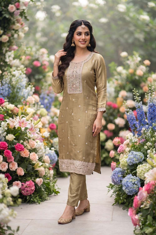 L Brown Straight Cut Kurti With Pant With Dupatta 3 Pcs Set