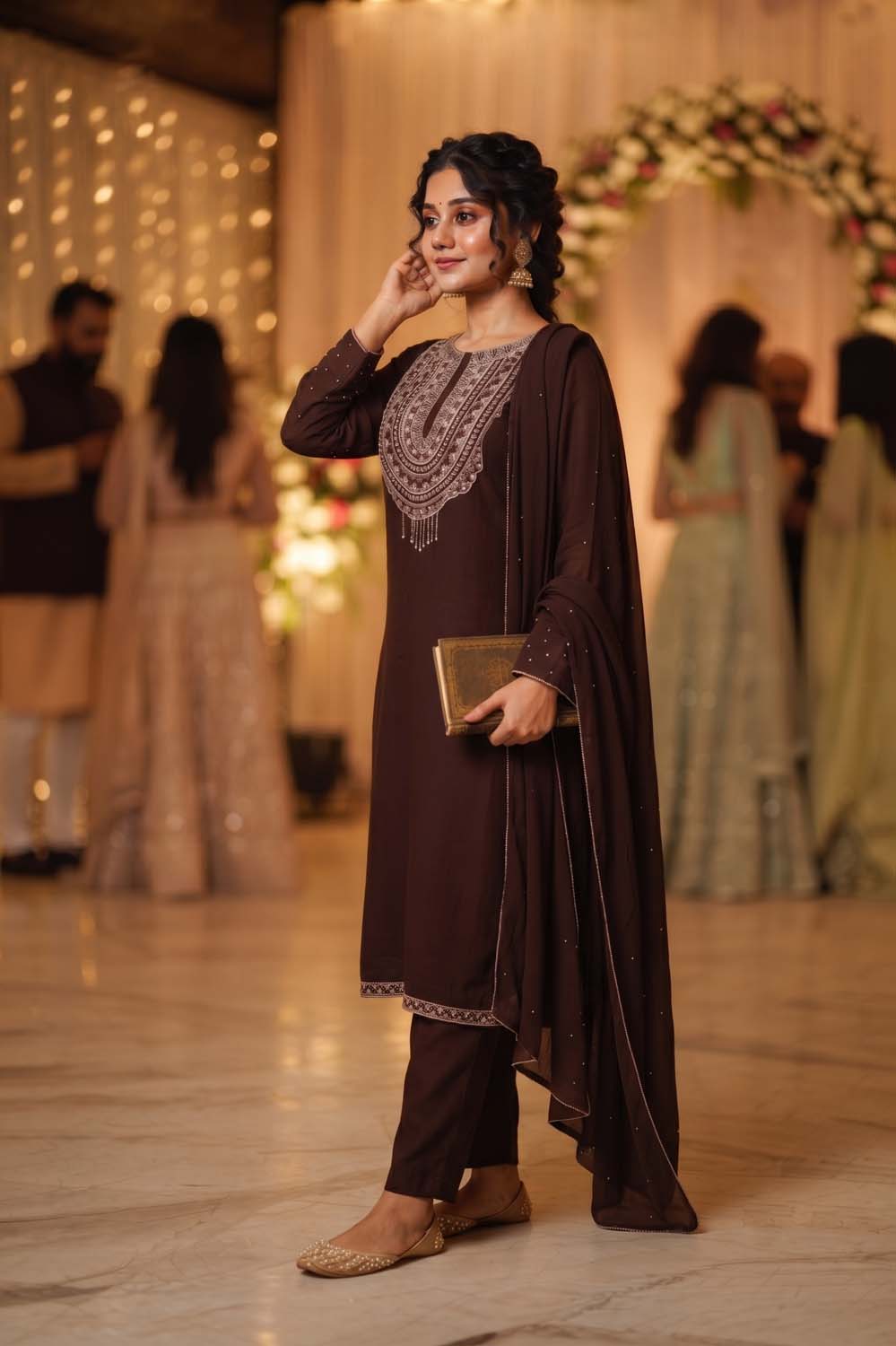 Brown Chinon Short Kurti With Plazo 3 Pcs Set
