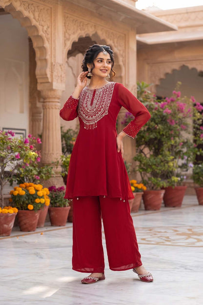 Maroon Chinon Short Kurti With Plazo 3 Pcs Set