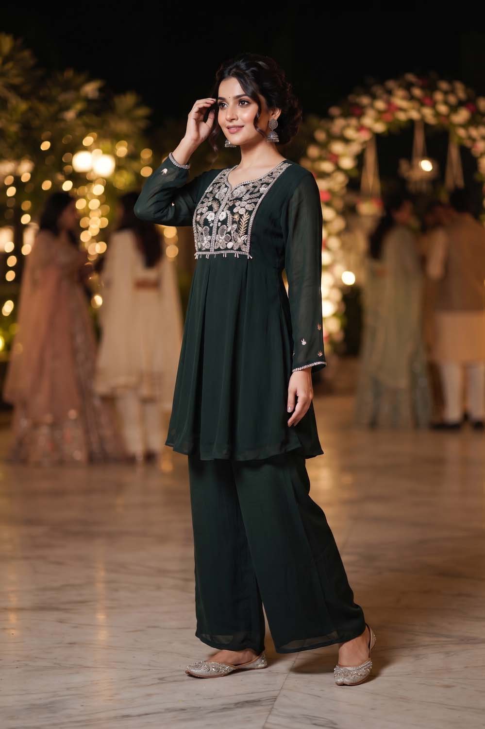 B Green Chinon Short Kurti With Plazo 2 Pcs Set