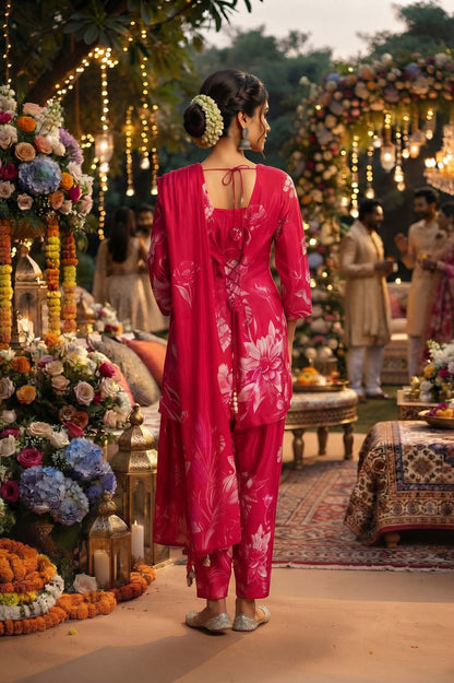 Rani Pink Pure Crepe 3 Pcs Set Kurti Farshi Salwar Dupatta