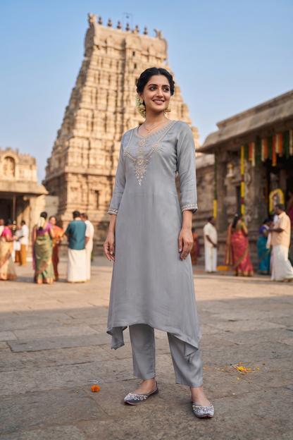 Grey Chinoon Straight Kurti With Pant and Dupatta 3 Pcs Set