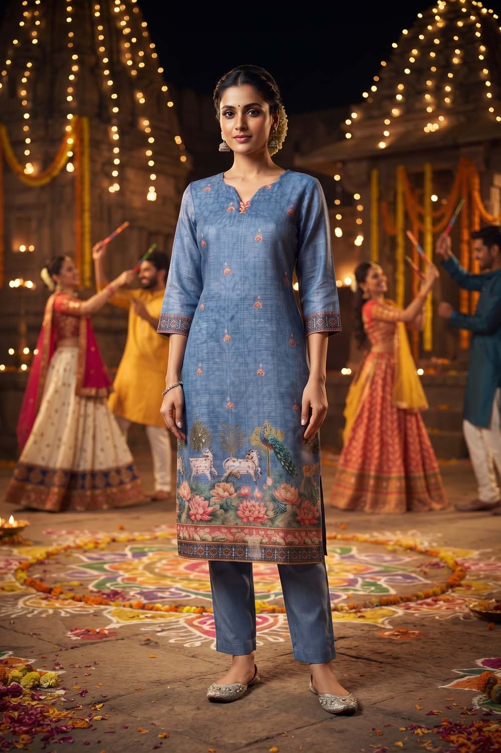 Blue Silk 3 Pcs Set Kurti Pant Dupatta