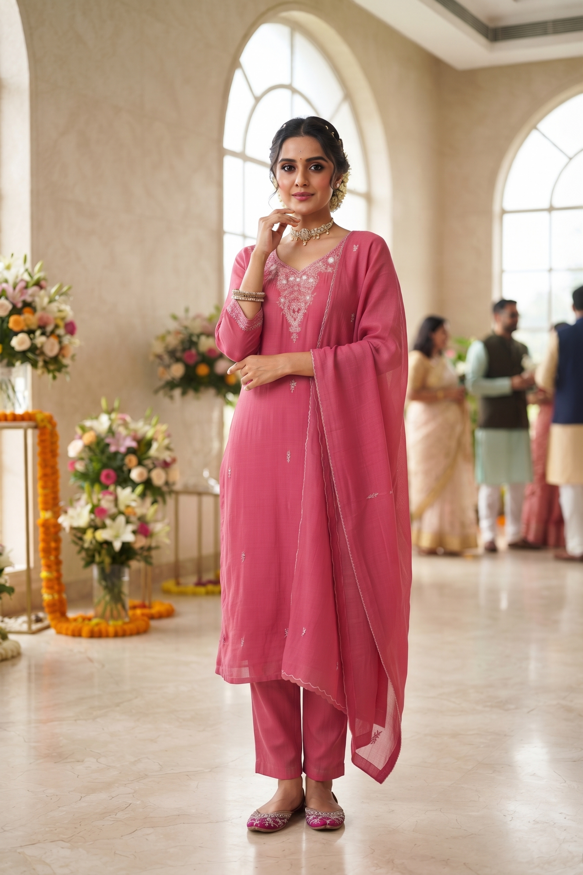 Onion Muslin Straight Kurti With Plazo and Dupatta 3Pcs Set