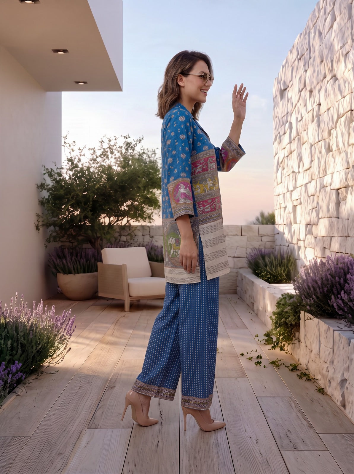 Blue Crepe Short Kurti With Plazo 2 Pcs Set