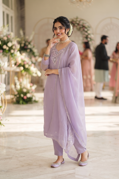 Lavendar Muslin Straight Kurti With Plazo and Dupatta 3 Pcs Set