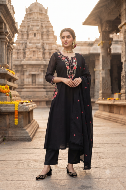 Black Cotton Straight Kurti With Pant and Dupatta 3 Pcs Set