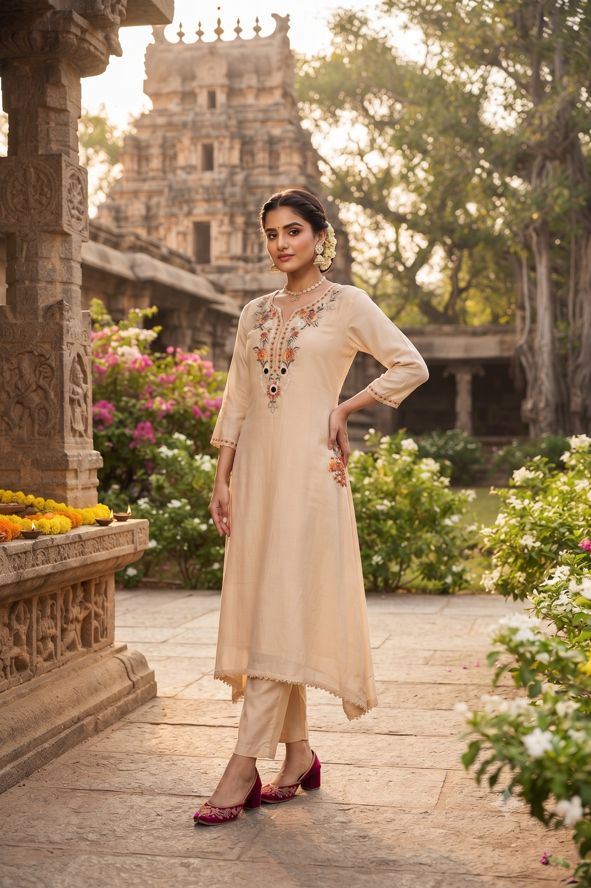 Buff Cotton Straight Kurti With Pant and Dupatta 3 Pcs Set
