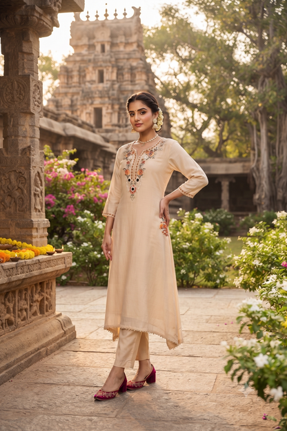 Buff Cotton Straight Kurti With Pant and Dupatta 3 Pcs Set