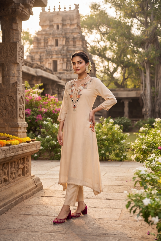 Buff Cotton Straight Kurti With Pant and Dupatta 3 Pcs Set