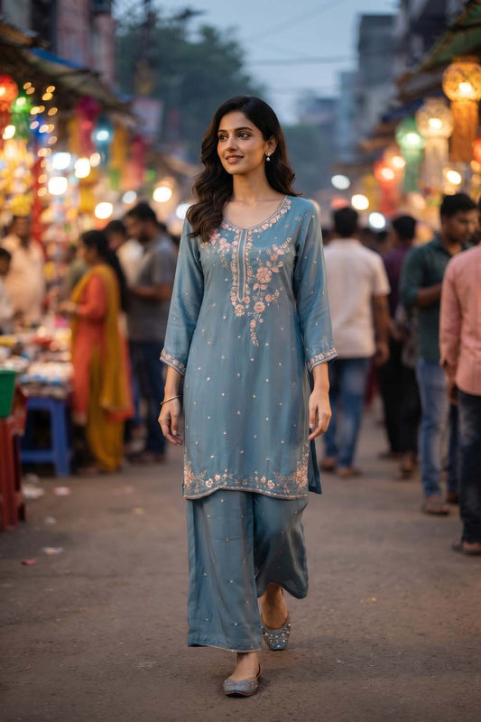 Blue Pure Chinon 3 Pcs Set Kurti Straight Plazo Dupatta