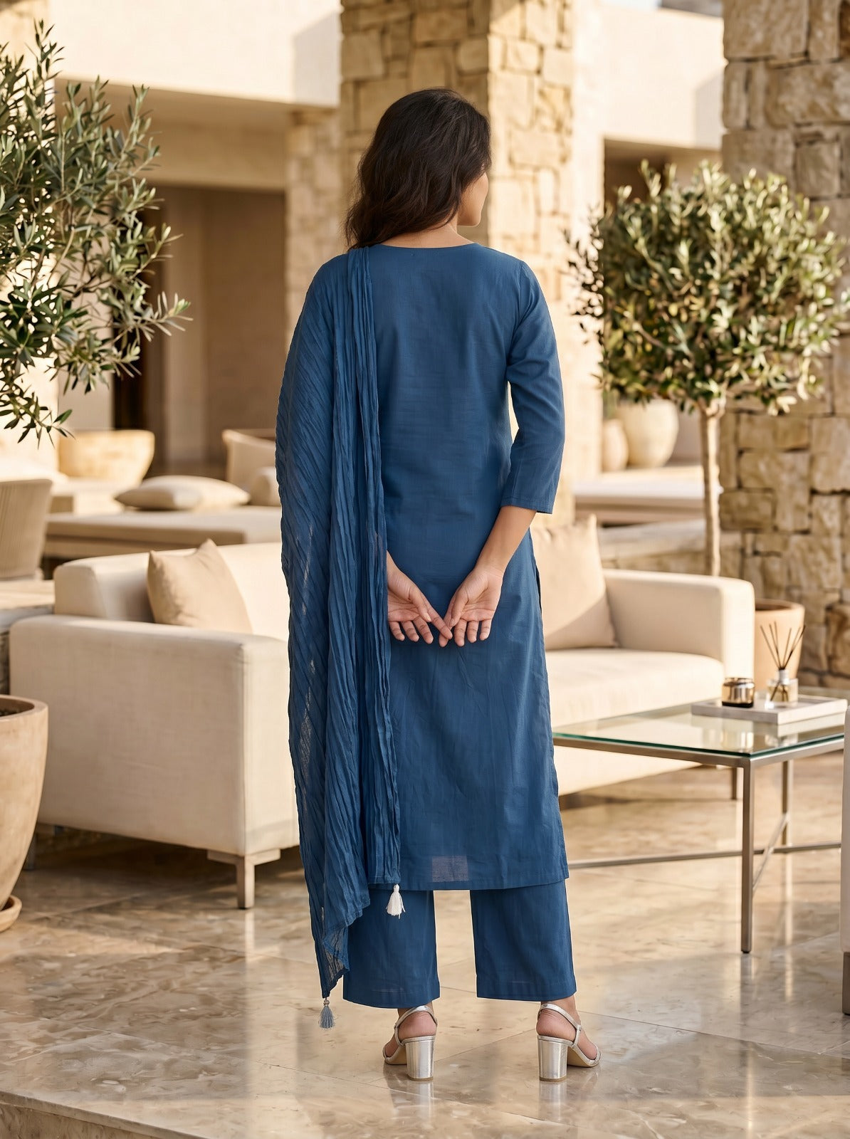 Till Blue Cotton Straight Kurti With Plazo and Dupatta 3 Pcs Set