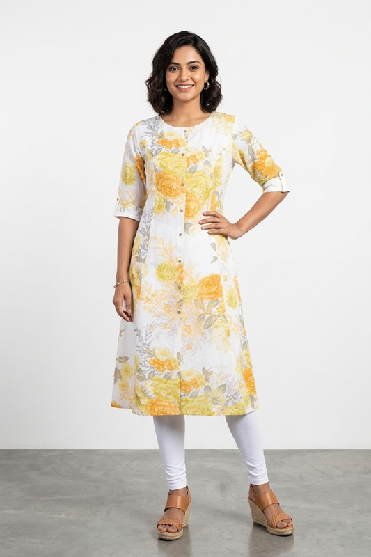 Yellow Rayon Printed Aline Kurti
