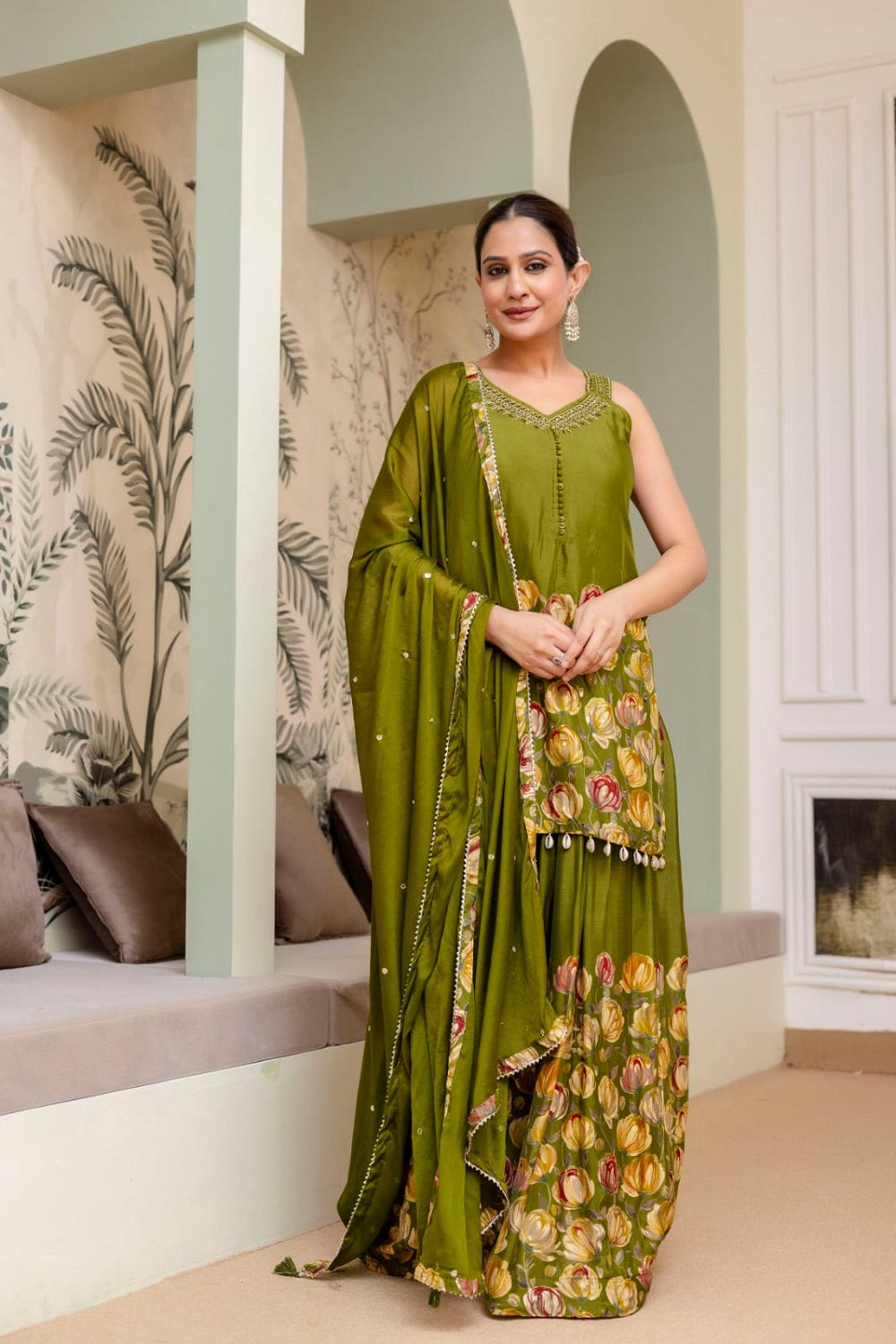 M Green Silk Kurti Sharara 3 Pieces Set