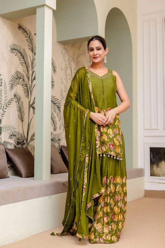 M Green Silk Kurti Sharara 3 Pieces Set